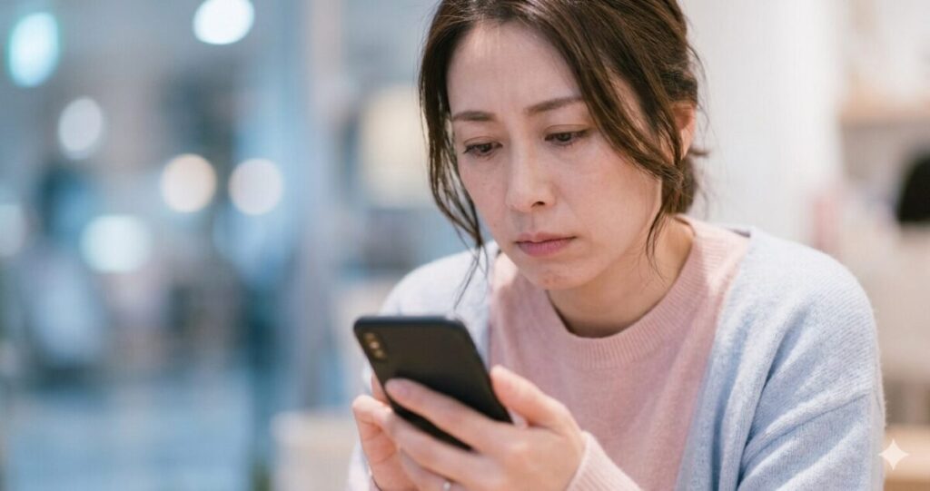 連絡がこなくて悩む女性
少し下向きでスマホを見て落ち込む女性

