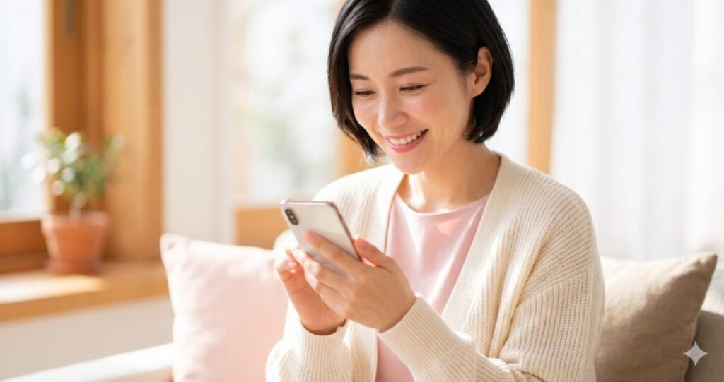 前向きな気持ちになった女性
やわらかい笑顔でスマホを見て安心した女性