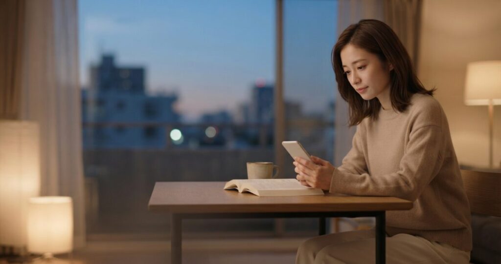 好きな人から連絡がこないことで不安を抱えながら、相手との関係やこれからを静かに考えている女性
スマートフォンを手に持ちながら、画面を見つめて少し寂しそうな表情