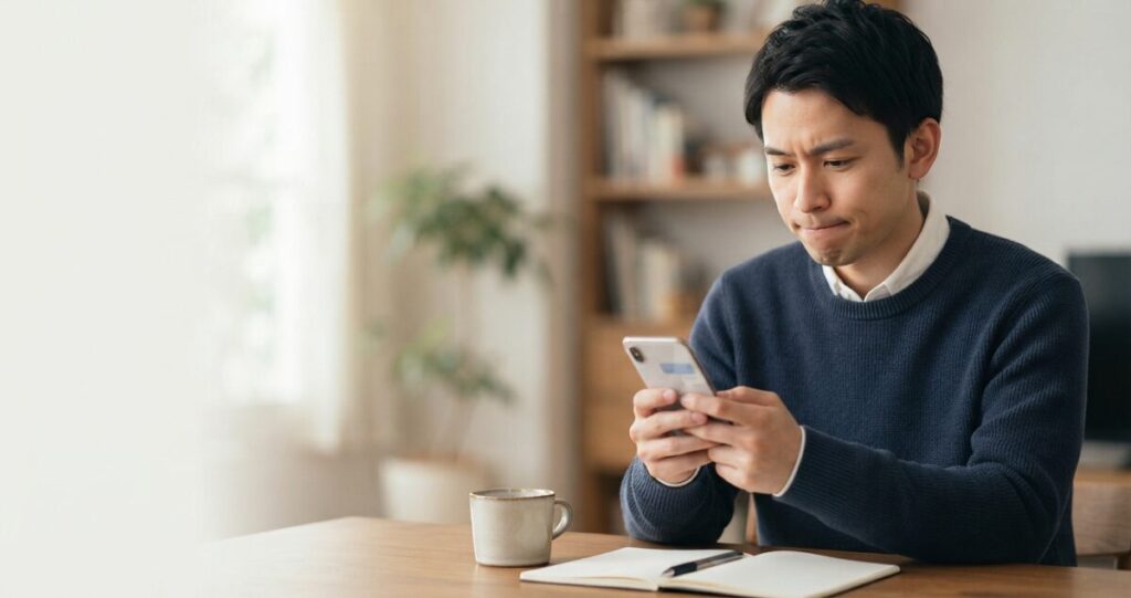 連絡を返すか迷いながらスマートフォンを見つめ、相手との距離感について考えている男性
