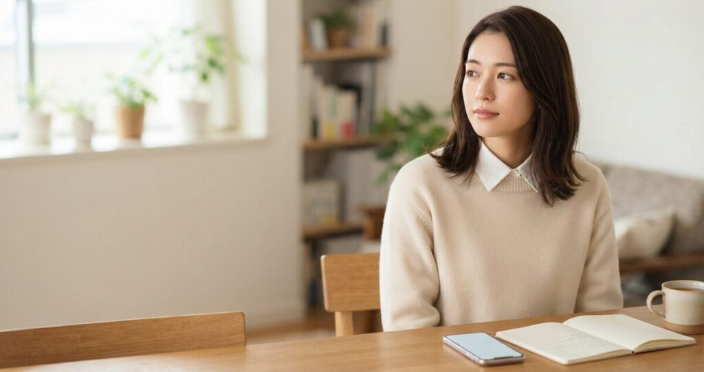 スマートフォンの連絡履歴だけではなく、これまでの関係を振り返りながら冷静に状況を見極めようとしている女性
