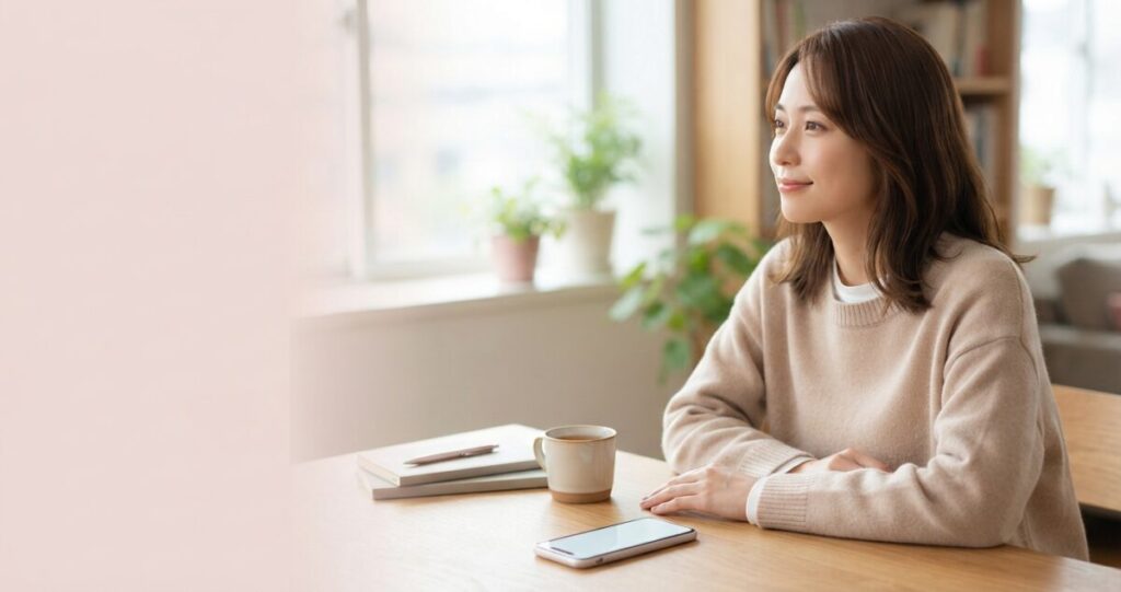 何度も連絡したくなる気持ちを抑え、スマートフォンから少し離れて自分の時間を過ごそうとしている女性
