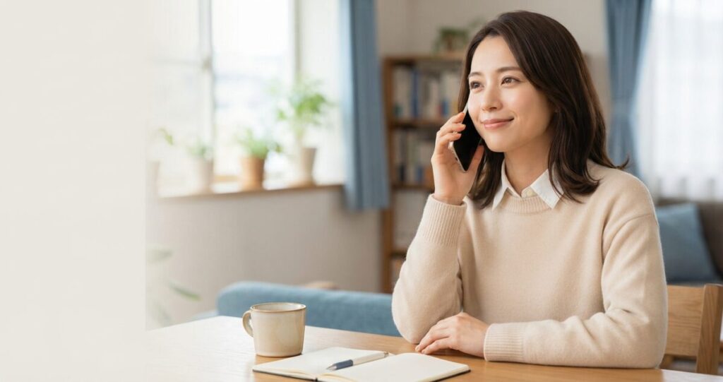 恋愛の悩みを安心して相談し、自分の気持ちを整理している女性
スマートフォンを持ちながら、安心したような穏やかな表情で話をしている。相談することで少し気持ちが軽くなった様子