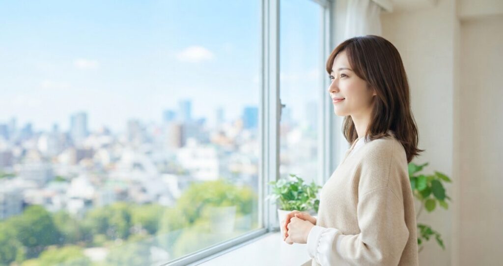 連絡を待つ不安から少しずつ気持ちを切り替え、これからの恋愛を前向きに考えようとしている女性
窓辺に立ち、外の景色を穏やかな表情で眺めている