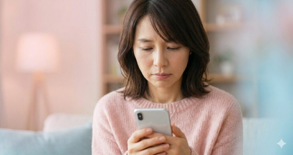 遠距離で不安を感じる女性
やや下向きにスマホを見て落ち込む女性