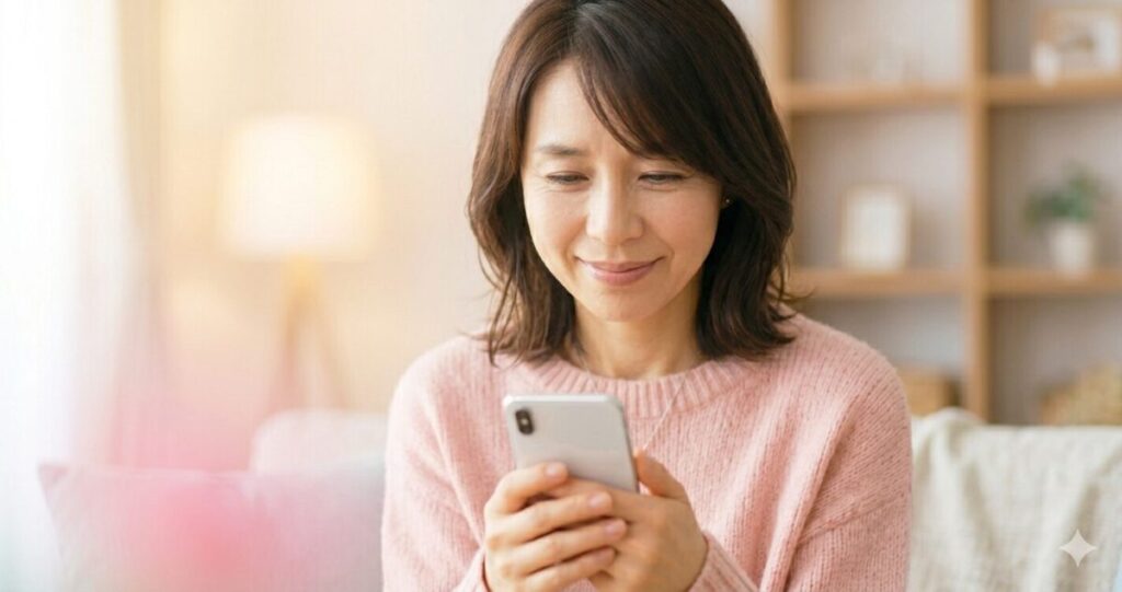前向きな気持ちになった女性
やわらかい笑顔でスマホを見て安心した女性
