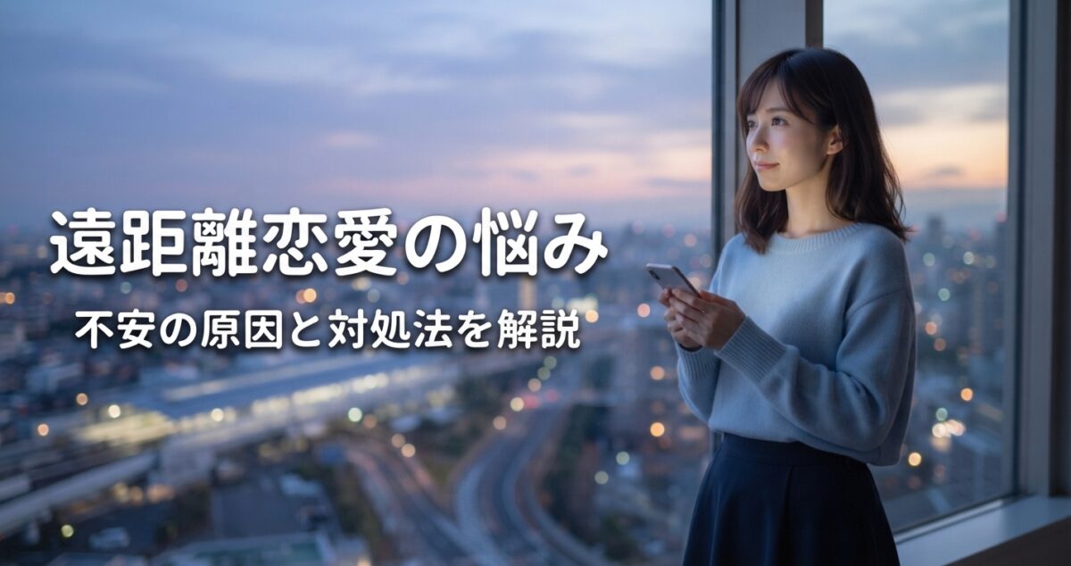 遠距離恋愛の悩み 不安の原因と対処法を解説 遠距離恋愛で会えない寂しさや不安を抱えながらも、二人の関係を大切にしていこうとする女性 スマートフォンを手に持ち、遠くを見つめながら少し寂しそうな表情をしている