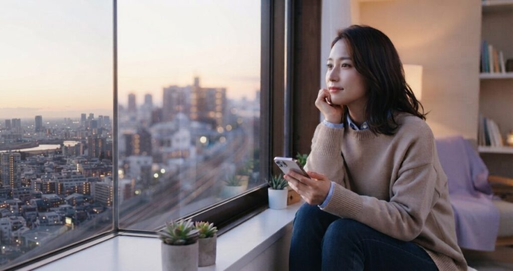 遠距離恋愛で会えない寂しさや、相手との関係に不安を感じている女性
窓辺でスマートフォンを手にしながら、少し寂しそうに遠くを見つめている