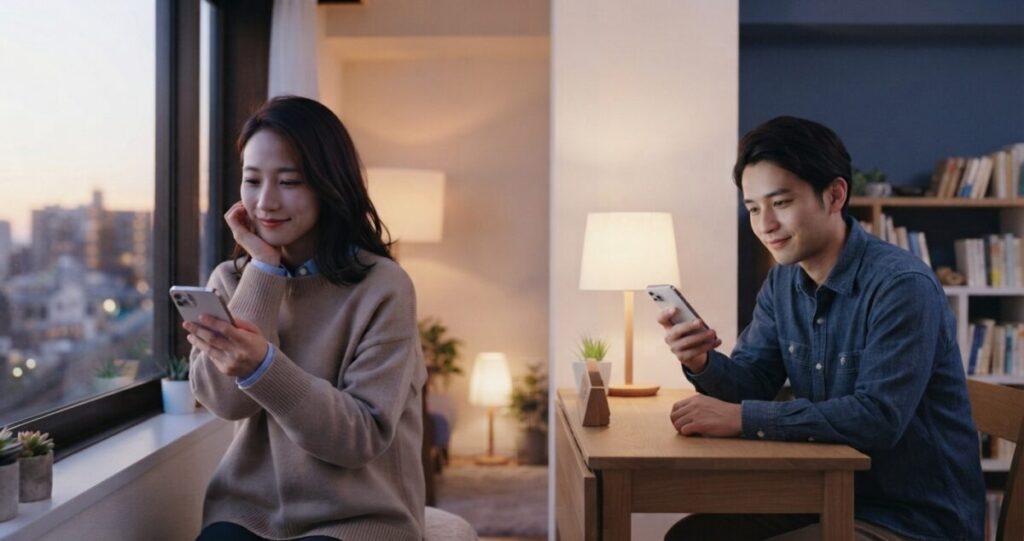 離れて暮らす恋人同士が、お互いを想いながら連絡を取っている様子
女性はスマートフォンを見ながら穏やかな表情、男性もスマートフォンを手にしながら相手を想っているような自然な表情