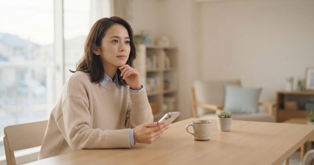 不安から衝動的な行動を取るのではなく、一度冷静になって相手との関係を考えている女性
スマートフォンを手にしているものの、すぐにメッセージを送らず、一度画面から目を離して深呼吸している
