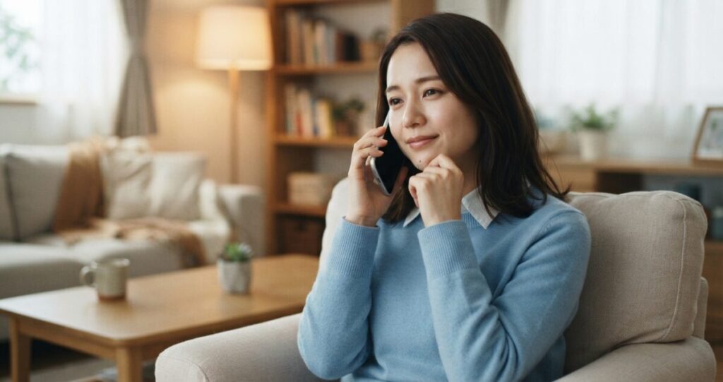 遠距離恋愛の悩みを第三者へ相談し、自分の気持ちや今後の向き合い方を整理している女性
スマートフォンを耳に当て、穏やかな表情で相談している。深刻すぎず、話をすることで少し気持ちが落ち着いてきたような自然な表情。