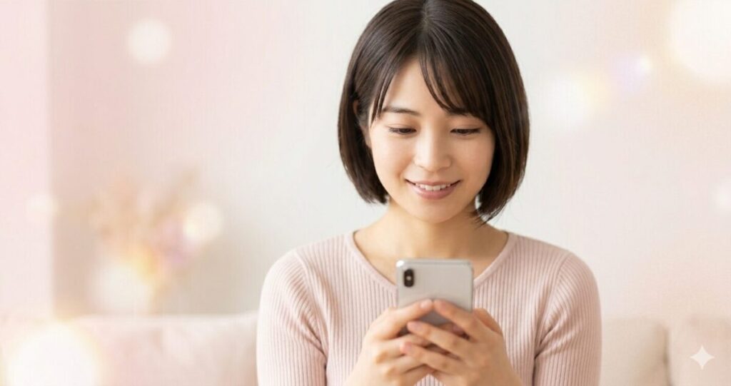 電話占いで悩みが整理された女性
少し笑顔でスマホを見て安心している女性

