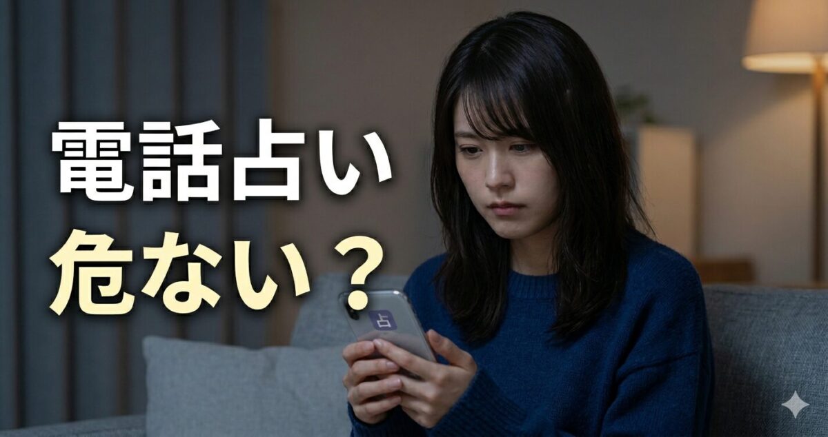 「電話占い」 「危ない？」 電話占いが危ないのか不安に感じている女性 少し不安そう＋迷っている表情でスマホを両手で持ちながら画面を見つめている20代の女性