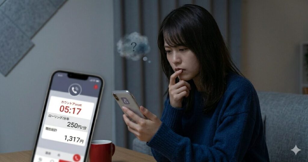 電話占いの料金や仕組みに対する不安
スマホ画面を見ながら少し戸惑っている女性