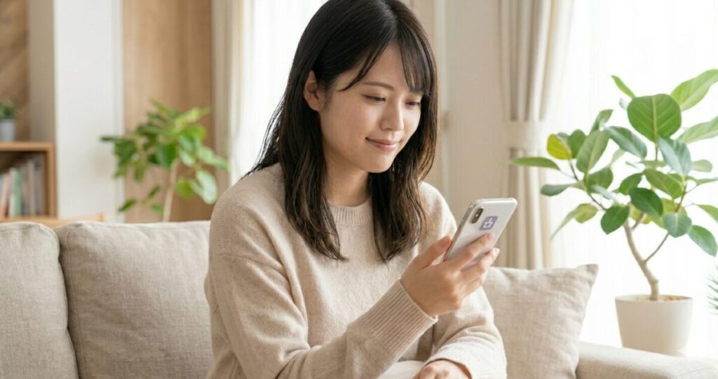 スマホを持ちながらリラックスした表情で電話占いを安心して利用している状態
