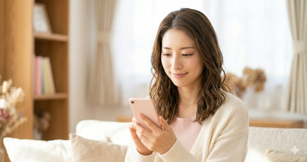 電話占いで納得して前向きになった女性
スマホを見て少し笑顔の女性