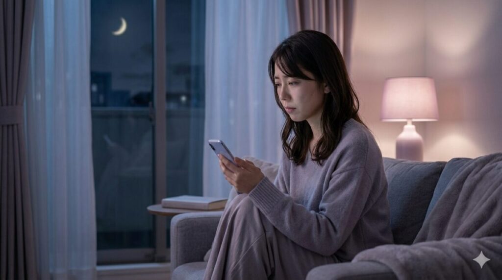 「相手の気持ちが分からず不安になっている女性」
少し不安そうな表情でスマホを見つめる女性
