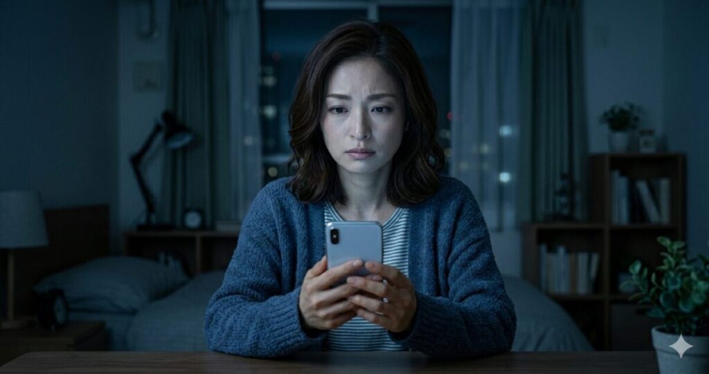 相手の気持ちが分からず不安な状態
夜の部屋でスマホを見ながら悩んでいる女性
