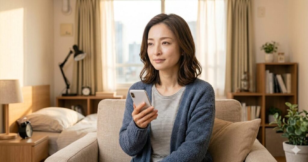 気持ちが整理されて落ち着いた状態
昼の部屋でリラックスしている女性
