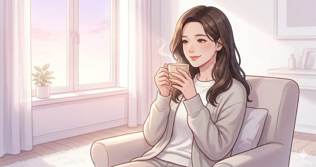 恋愛の悩みを整理し前向きになれた女性
窓際で温かい飲み物を持ちながら、
少し前向きになれた表情の構図
