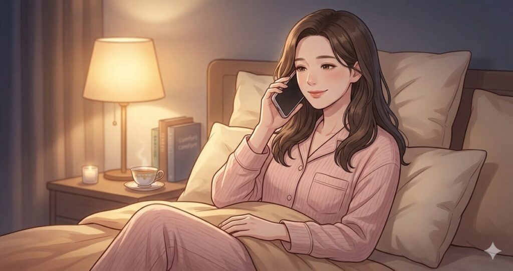 電話相談を終えて安心した女性
スマホを耳に当てながら、
安心したように少し笑顔になっている構図
恋愛の不安が少し落ち着いた空気感

