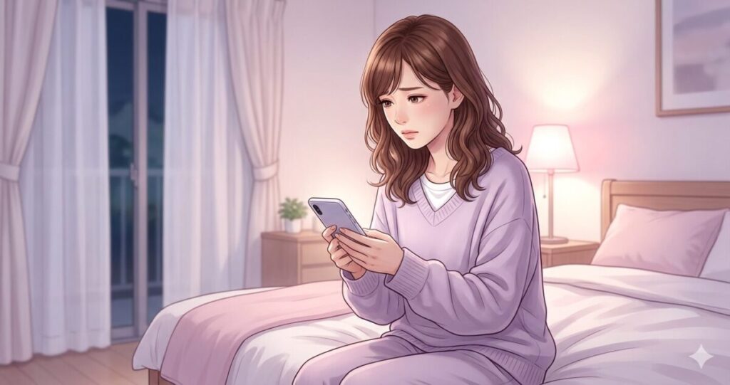 恋愛不安を抱える女性
・20〜30代女性
・スマホを見ながら悩む
・少し不安そうな表情
