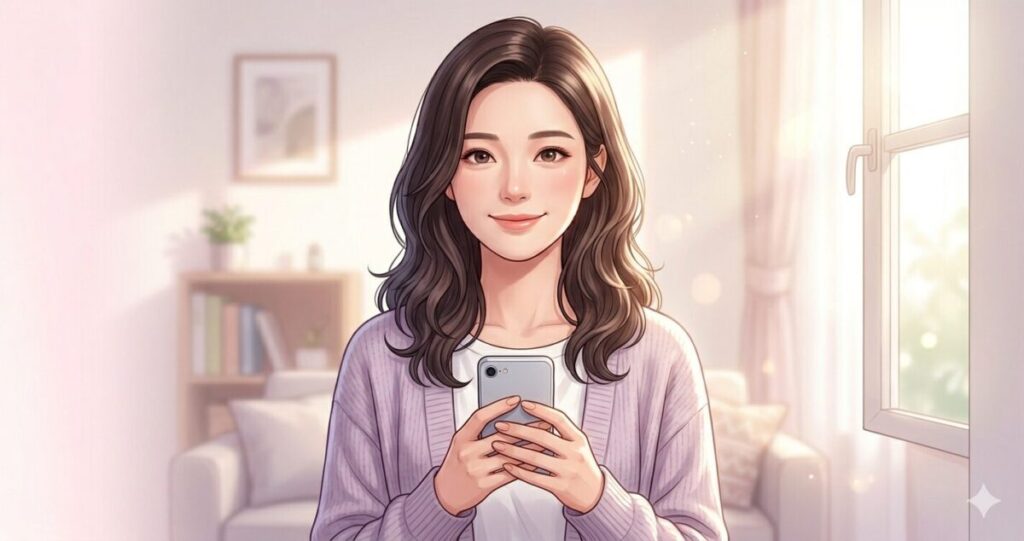 前向きな気持ちを取り戻す女性
・スマホを持つ女性
・少し笑顔
・穏やかな表情
・未来へ進む雰囲気

