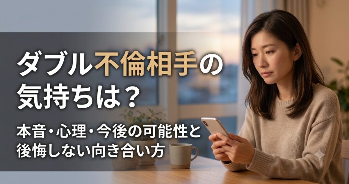 ダブル不倫相手の気持ちは？ 本音・心理・今後の可能性と後悔しない向き合い方 30〜40代の落ち着いた雰囲気の女性。 窓際やリビングでスマートフォンを握りしめながら、少し切なそうな表情で考え込んでいる様子。