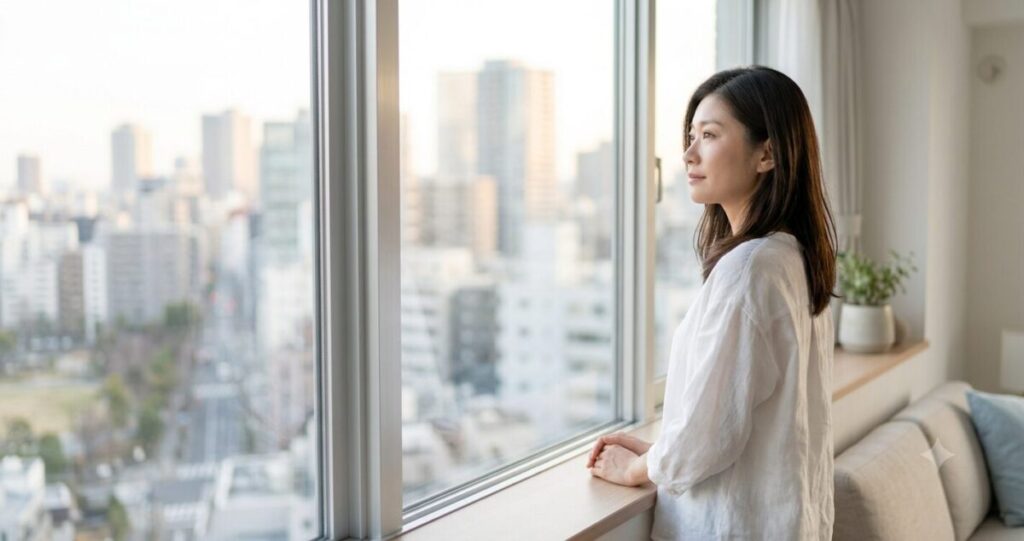 将来について考えながら窓の外を見つめる女性。
女性が窓辺に立ち、外の景色を見つめている後ろ姿