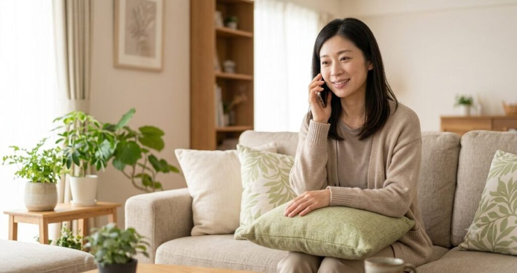 安心した表情で電話相談をしている女性。
ソファに座りスマートフォンで通話中。
少し表情が和らいでいる様子。
