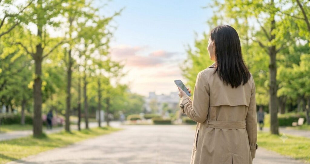前を向いて歩き始める女性
朝の柔らかな光の中、公園や並木道をゆっくり歩く女性