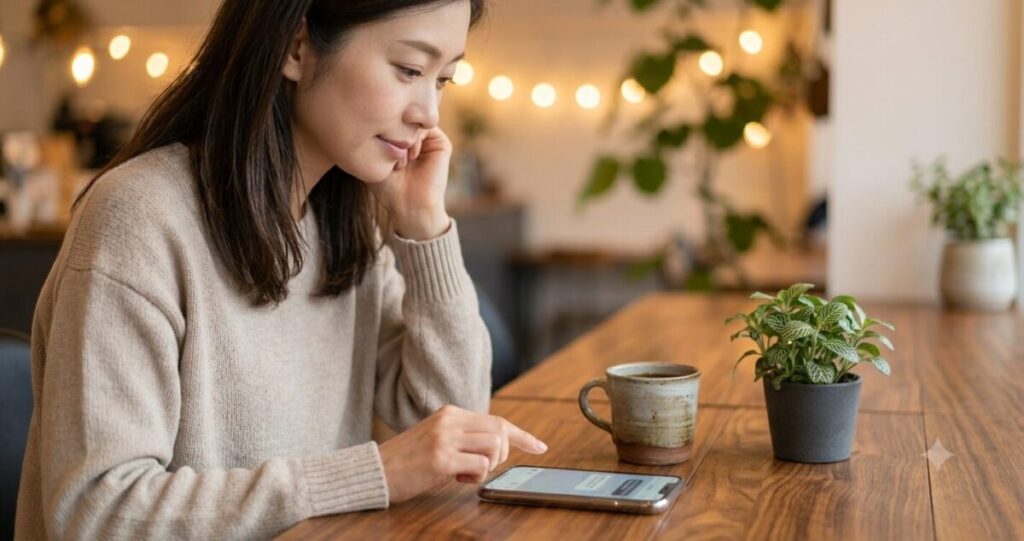 スマートフォンを見ながら返信を迷う女性。
テーブルにスマートフォンを置き、女性が指を止めて考えている瞬間。
