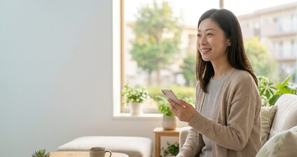 相談することで前向きな気持ちを取り戻す女性。
窓際でスマートフォンを持ち、穏やかな笑顔を浮かべる女性。
