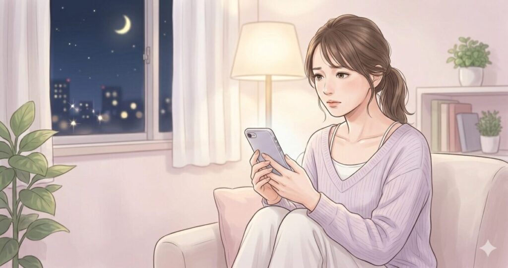 
「恋愛の不安を抱えながら電話占いを検討する女性」
・少し不安そうな表情
・スマホを見つめている
