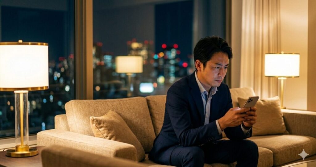 別れたあとも相手を思い続ける複雑な心理 「気持ちは残っているのに連絡できない」 30代男性が一人でソファに座る。 スマートフォンを手に持ちながら画面を見つめている