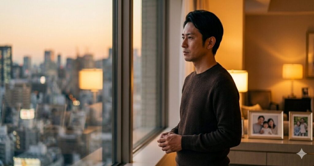 家庭と恋愛の間で揺れる心理を表現
室内には家族写真がぼんやり見える。
男性は外を見つめながら考え込んでいる。
