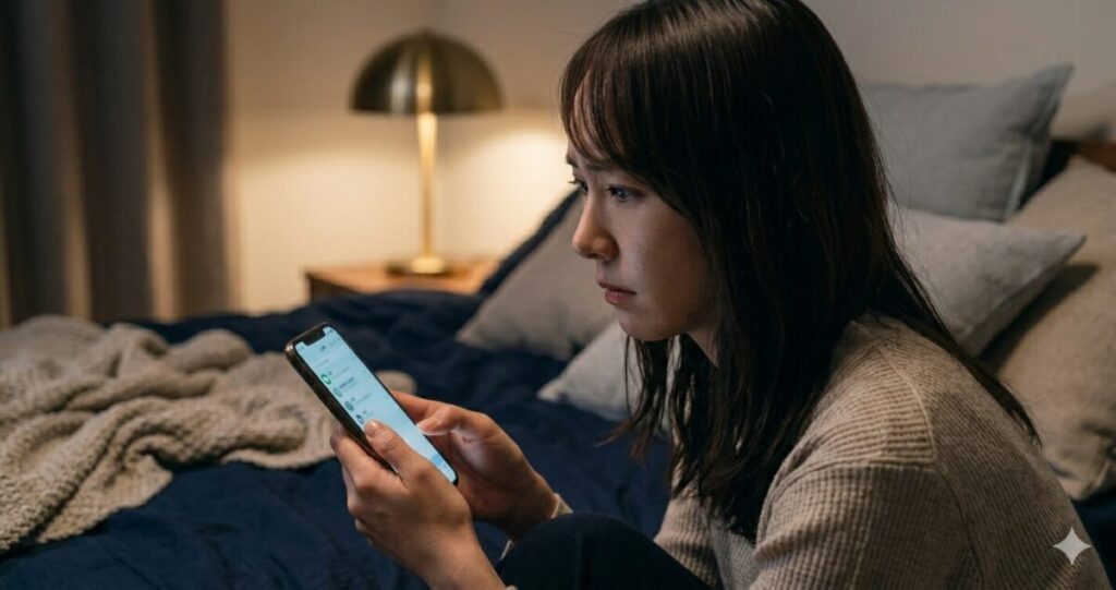 復縁を急ぐあまり、逆効果になってしまう行動には注意が必要
女性がスマートフォンを握りしめる。LINE画面を見て悩む様子。
顔は半横向き。

