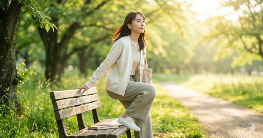 前向きな未来と心の整理を表現。
朝日が差し込む公園で女性がベンチから立ち上がる瞬間。
穏やかな表情で未来へ進むイメージ。
