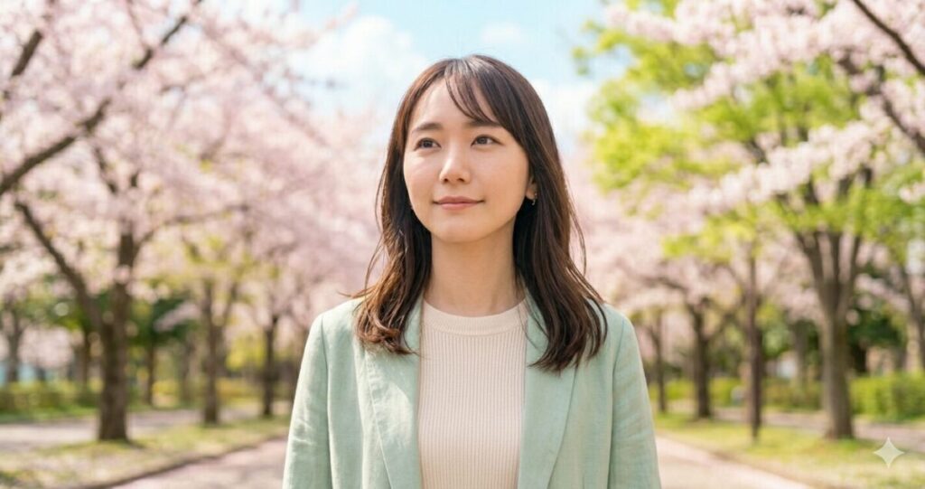 復縁の形は一つではなく、さまざまな展開が考えられます
春の並木道。女性が前を向いて歩いている。
表情は穏やか。未来へ進む印象。
