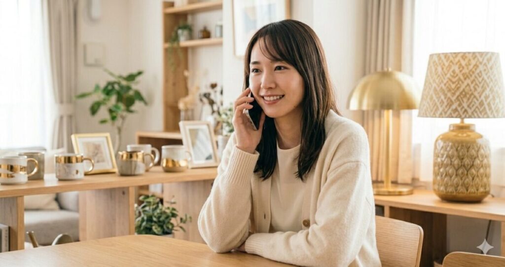 一人で抱え込んでいるときは、第三者へ相談する選択肢もあります。
女性が自宅でスマートフォン通話をしている。
表情は穏やか。少し安心した雰囲気。
