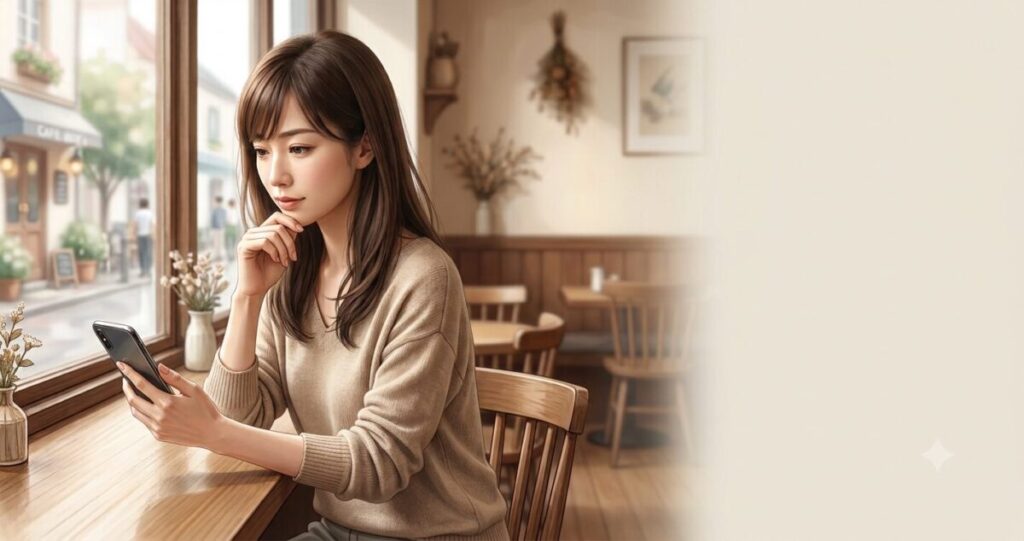 大人の女性がカフェの窓際でスマートフォンを静かに見つめながら考え込んでいる
表情は切なさ・迷い・期待が入り混じった自然な表情。涙は流さず、視線はスマートフォンまたは窓の外へ向ける。
