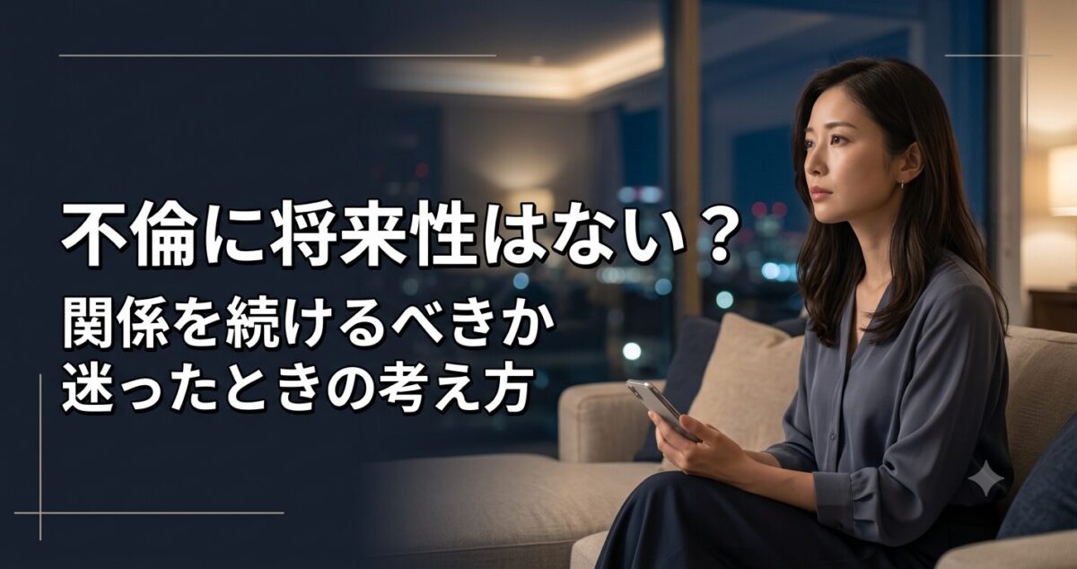 不倫に将来性はない？ 関係を続けるべきか迷ったときの考え方 不倫関係の将来に悩み、一人で考え込んでいる大人の女性 夜の落ち着いた室内で、窓際やソファに座りスマートフォンを手に持ちながら静かに考え込んでいる