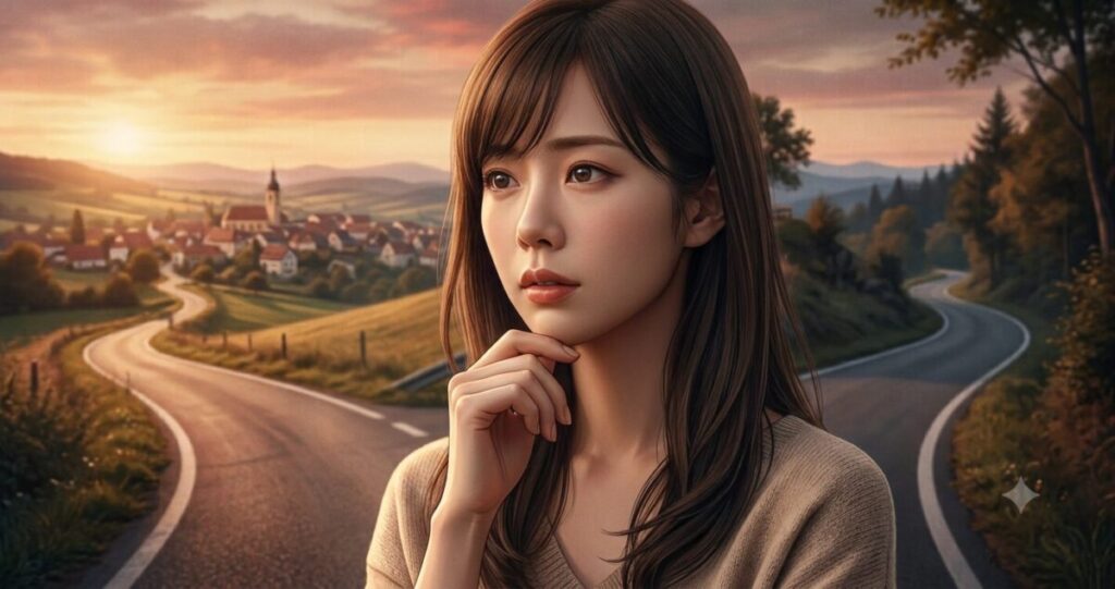 夕暮れの分かれ道に一人で立つ大人の女性
道が２方向へ分かれており、それぞれ異なる未来を女性は迷いながら前を見つめている。
