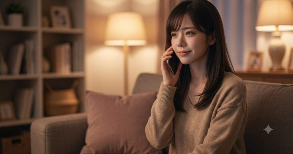 自宅で落ち着いた表情で電話相談をしている30代女性。
ソファに座り、温かい照明の中で安心した雰囲気。
