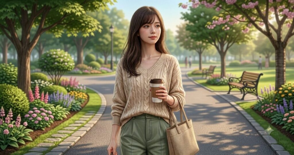 朝日が差し込む公園の遊歩道を、「新しい一歩」「前向きな未来」をイメージしながら一人でゆっくり歩く30代女性
女性の表情は悩みが完全に消えた笑顔ではなく、不安を抱えながらも少し前向きになれた穏やかな表情
