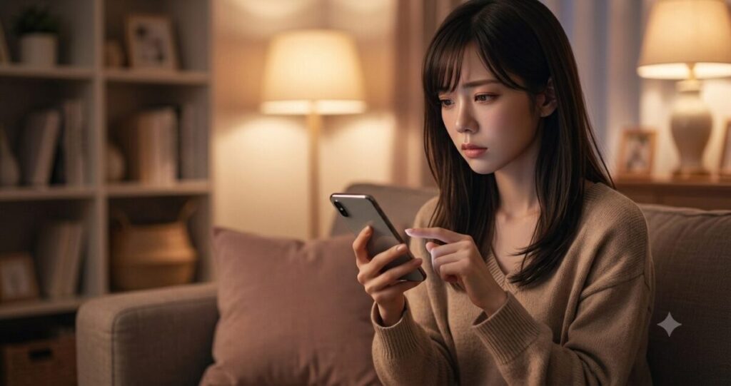 夜のリビングでスマートフォンを持ち、送信ボタンを押そうか迷っている女性。
表情は感情的ではなく、葛藤や迷いがある