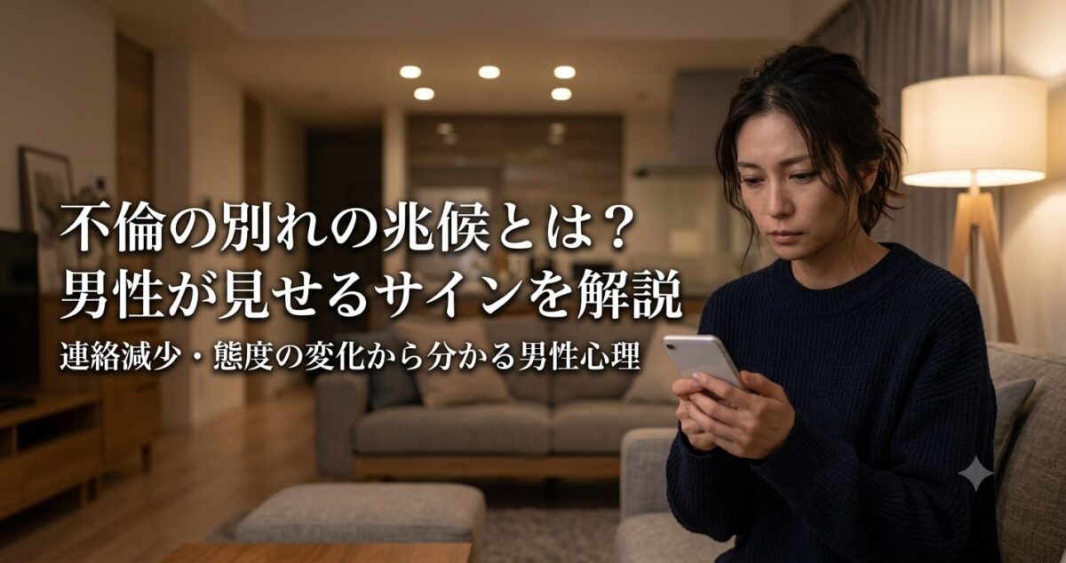 不倫の別れの兆候とは？ 男性が見せるサインを解説 連絡減少・態度の変化から分かる男性心理 不倫相手の男性が別れを考えているのではないかと不安になり、一人で悩んでいる女性 30代前後の女性がスマートフォンを両手で持ちながら画面を見つめている