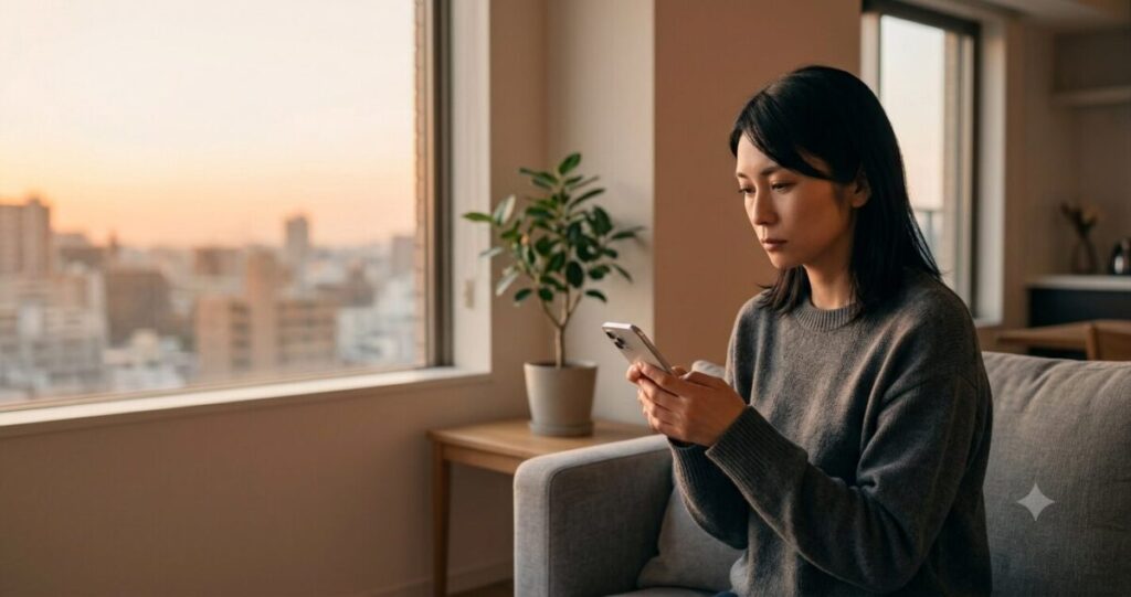 以前より連絡が減った不倫相手を思いながら、一人で悩む女性の様子
窓際に座る女性はスマホを握りながら画面を見つめている
