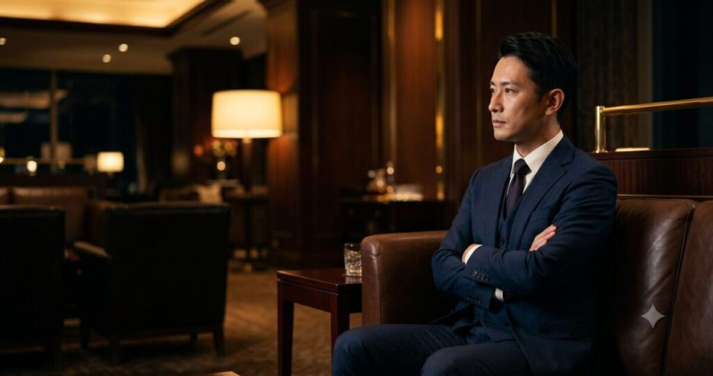 将来について考え込み、一人で葛藤している男性
ソファに座り腕を組みながら考え込む姿
遠くを見るような視線

