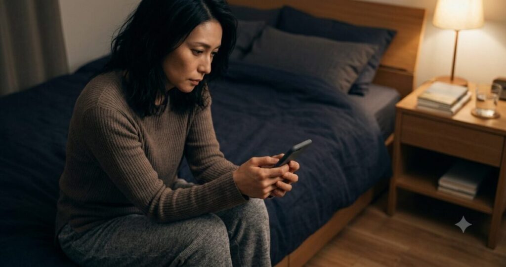 何度もスマホを手に取ってしまう女性
ベッドサイドに座る女性は悩むような表情